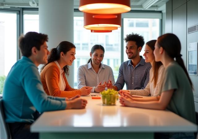 Diverse colleagues talking during a coffee break in an Australian office